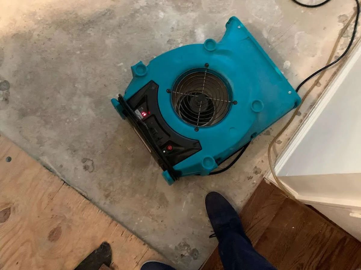 Air mover drying subfloor during Leak Detection & Repair in Jamestown